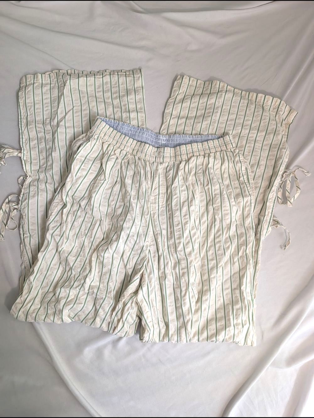 aerie Cream Lounge Pants with Green Stripes and Blue Waistband